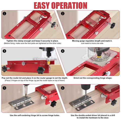 Step-by-step guide showing Premium Aluminum Door Hinge Jig And Lock Installation Template Kit For Dead On Router Cuts Flawless Wood Door Mortise Work.