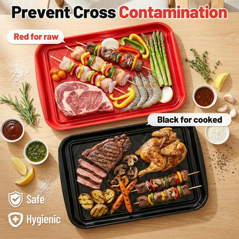 Stackable Grilling Prep And Serving Trays Set Of 2 Plastic BBQ Trays For Raw And Cooked Food Dishwasher Safe 17 By 10.5 Inches Outdoor Cooking Accessories For Parties Red And Black, with red tray for raw ingredients and black tray for cooked food, featuring meats and vegetables.