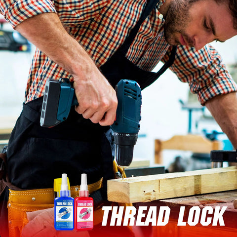 Thread Lock blue and red thread locker bottles, 50ml each, for nuts, bolts, and metal fasteners