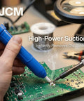 Person using Pro Grade Desoldering Pump Solder Sucker With High Power Vacuum Suction And Heat Resistant Nozzle For One Handed Operation Perfect For Electronics Repair And Soldering Irons on a circuit board.