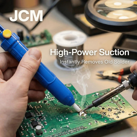 Person using Pro Grade Desoldering Pump Solder Sucker With High Power Vacuum Suction And Heat Resistant Nozzle For One Handed Operation Perfect For Electronics Repair And Soldering Irons on a circuit board.
