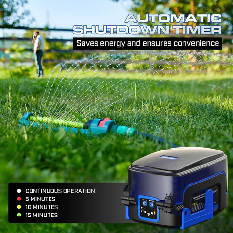 Cordless Submersible Water Transfer Pump With 20V Battery near garden with sprinkler, showing automatic shutdown timer feature.