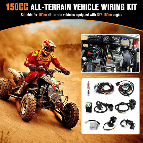 All In One Wiring Harness Kit For 125cc And 150cc GY6 Engines With CDI Stator Regulator Ignition Coil And Waterproof Switches Easy Plug And Play Wire Loom For ATV Scooter Go Kart shown in use on ATV