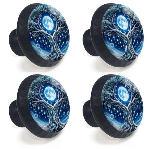 Blue Tree Of Life Cabinet Knobs 4 Pack For Kitchen And Bathroom With Celestial Moon Night Sky Glass Finish