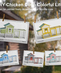 Outdoor Chicken Coop For 2-4 Chickens Wooden Hen House With Nesting Box design sketches in green, yellow, blue, red, pink