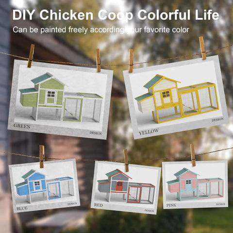Outdoor Chicken Coop For 2-4 Chickens Wooden Hen House With Nesting Box design sketches in green, yellow, blue, red, pink
