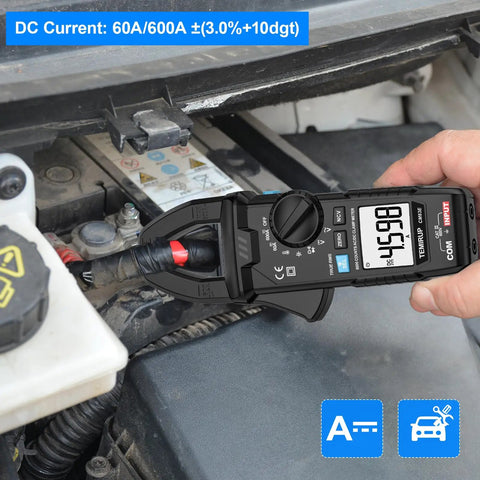 True RMS Clamp Meter For Auto Ranging 6000 Counts With 600A Capacity And Built In Flashlight Backlight Measures NCV AC DC Voltage And Current Continuity Capacitance Diode Resistance And Temperature For Car Home And Industrial Fixes, used on car battery