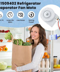 Evaporator Fan Motor For Refrigerator Replacement 241509402 shown next to an open fridge with various groceries inside.