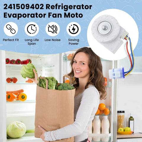 Evaporator Fan Motor For Refrigerator Replacement 241509402 shown next to an open fridge with various groceries inside.