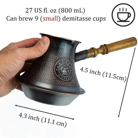 Copper Turkish Armenian Coffee Pot With Wooden Handle 27 Fl Oz 800 Ml Induction Ready Jezve Jazzve Ibrik Maker in hand
