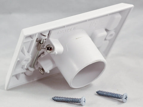 Hayden central vacuum wall inlet, white square-door with round hose outlet, rear view