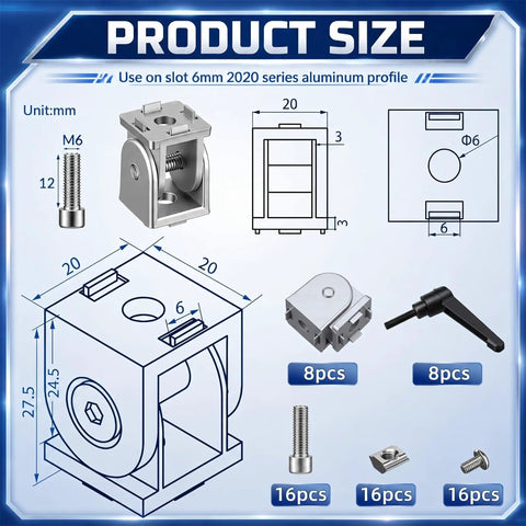 Diagram of 8 Pack Pivot Hinge Bracket Kit For 2020 T Slot Aluminum Extrusion with zinc alloy parts and dimensions in mm.