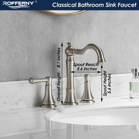 Brushed Nickel 2-Handle Bathroom Faucet 8 Inch Widespread for 3 Holes With Plastic Pop Up Drain Classic Vanity Sink Faucet High Arc 360 Degree Swivel Brass Spout Lead Free Ceramic Disc 1.2 GPM Water Saving Easy Install