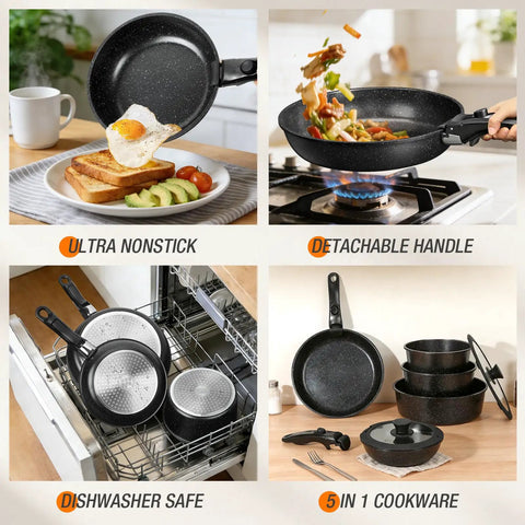 Detachable Handle Nonstick Pots And Pans Set For Induction Cooking 21 Piece RV Kitchen Cookware featuring various uses