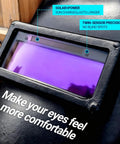 Auto Darkening Welding Lens Shade 11 With True Color Blue Technology, 2 x 4.25 Inch on hood, shows solar power feature.