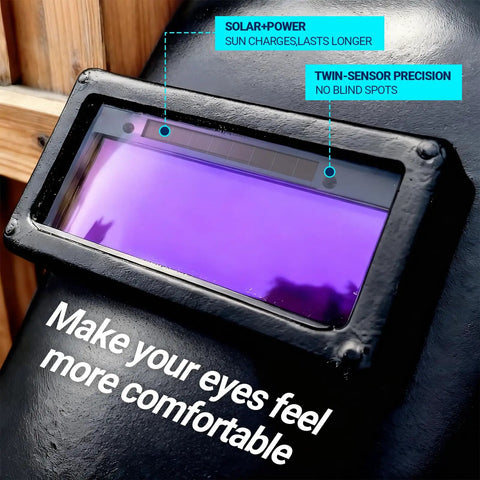 Auto Darkening Welding Lens Shade 11 With True Color Blue Technology, 2 x 4.25 Inch on hood, shows solar power feature.