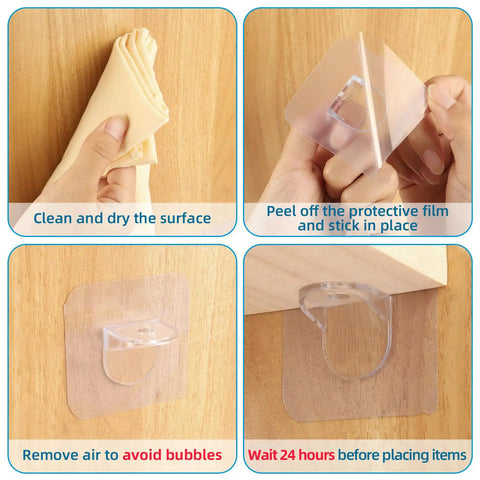 12 Pack Clear Adhesive Shelf Brackets No Drill Support Pegs Stick And Go Wall Mount Invisible Holders setup instructions on wood.