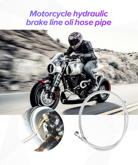 Steel Braided Motorcycle Brake Line Universal Fit Hydraulic Hose For Most Motorcycles Pit Bikes Dirt Bikes Bicycles And Cars Durable Stainless Steel Exterior Nylon PVC Coated Replacement Brake Hose Built To Last Ride Ready shown with motorcycle in action