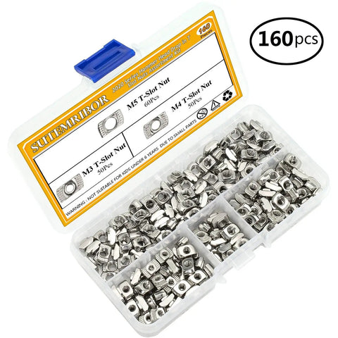 160 Piece Hammer Head T Slot Nut Kit For Aluminum Profiles M3 M4 M5 Drop In Nuts in plastic organizer box