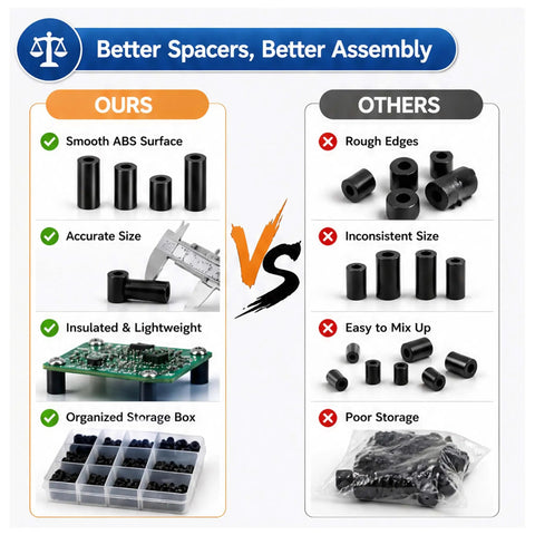 Comparison image of Three Hundred Piece Abs Round Spacers Kit For PCB Boards Electronics Standoff Hardware, highlighting features and drawbacks.