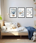 Baby Boy Nursery Wall Art Set Of 3 Vintage Blue Travel Theme Prints For Kids Room 12x16 Inch Wood Framed Hot Air Balloon Plane
