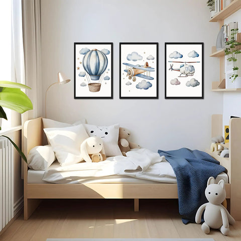 Baby Boy Nursery Wall Art Set Of 3 Vintage Blue Travel Theme Prints For Kids Room 12x16 Inch Wood Framed Hot Air Balloon Plane