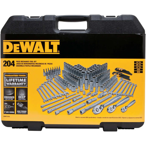All In One 204 Piece Mechanics Tool Set With Quarter Inch, Three Eighths Inch, And Half Inch Drives on molded case cover