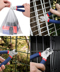 Pro Grade Hog Ring Pliers With 500 Pcs 3/4 Inch Galvanized Hog Rings For Furniture Upholstery Auto Upholstery Plastic Meat And Sausage Casings Great For Quick Secure Repairs In Home Or Shop in various uses, showing blue-handled pliers fastening rings on different materials.