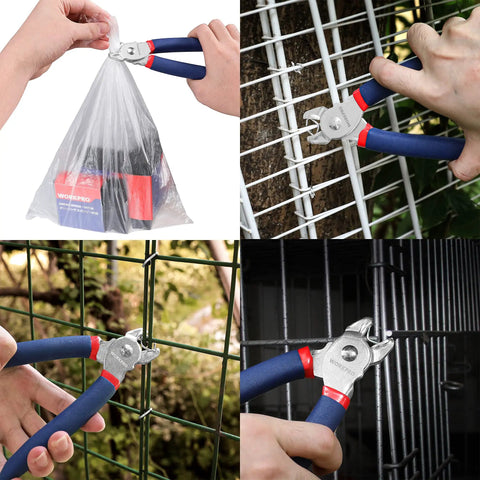 Pro Grade Hog Ring Pliers With 500 Pcs 3/4 Inch Galvanized Hog Rings For Furniture Upholstery Auto Upholstery Plastic Meat And Sausage Casings Great For Quick Secure Repairs In Home Or Shop in various uses, showing blue-handled pliers fastening rings on different materials.