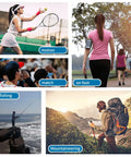 Collage of people playing tennis, walking, watching sports, fishing, and hiking. Includes text labels like 'motion' and 'mountaineering'.