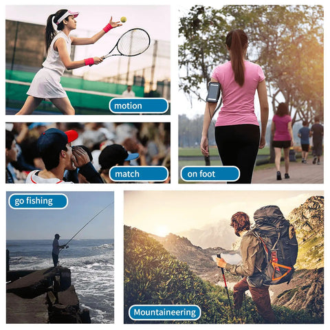 Collage of people playing tennis, walking, watching sports, fishing, and hiking. Includes text labels like 'motion' and 'mountaineering'.