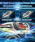 RC Boat With LED Lights, Self Righting, Waterproof Remote Controlled Watercraft For Pools, Lakes, And Baths, over water at night