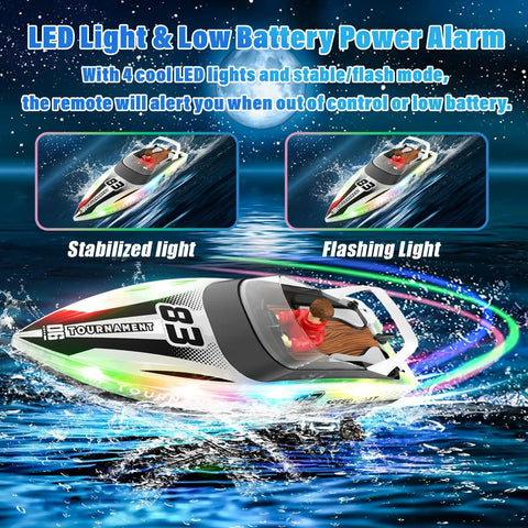 RC Boat With LED Lights, Self Righting, Waterproof Remote Controlled Watercraft For Pools, Lakes, And Baths, over water at night
