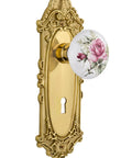 Victorian Plate With Keyhole White Rose Porcelain Knob Double Dummy Set Polished Brass For Interior Doors That Use Push Pull Operation Old School Vintage Hardware seen from front with ornate design.