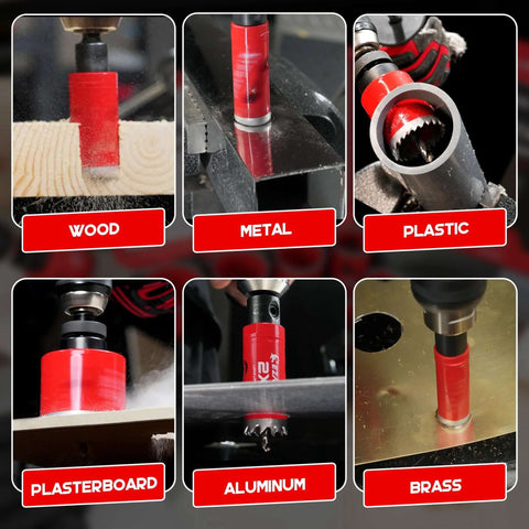 EZARC 16-piece red bi-metal hole saw kit with mandrels and case; for wood, metal, plastic, plasterboard, aluminum, brass