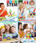 Collage showing kids using 244 Piece Electric Screwdriver Building Kit for teamwork, creativity, and motor skills.