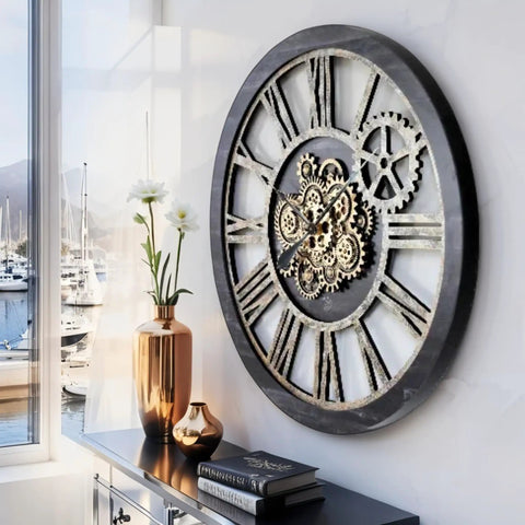 36 Inch Oversized Wall Clock With Real Moving Gears Vintage Industrial Decor Rustic Farmhouse Accent Piece displayed on a wall with decor.