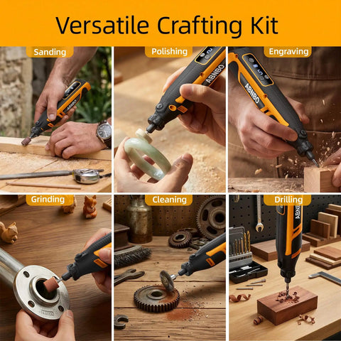 Slick Mini Cordless Rotary Tool With 5 Speed Settings Up To 30000 Rpm And Crisp Digital Display Hella Versatile Power Tool Kit in use for sanding, polishing, engraving, and drilling.