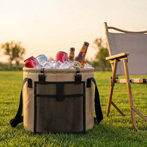 5 Gallon Collapsible Water Bucket With Handle Waterproof PVC Mesh Foldable Outdoor Container filled with ice and drinks on grass