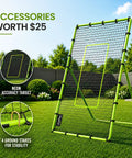 Volleyball Rebounder Net 7x4 Ft With Five Adjustable Angles for solo practice, in backyard setting with neon target and stakes