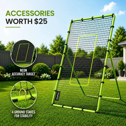 Volleyball Rebounder Net 7x4 Ft With Five Adjustable Angles for solo practice, in backyard setting with neon target and stakes