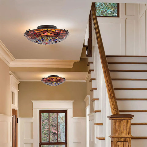 Entryway with Dope Tiffany Style 16 Inch Flush Mount Ceiling Light With Dragonfly Pattern Black Finish Two Lights Handcrafted Art Glass Shade For Vintage Modern Living Rooms