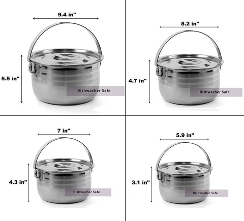 Compact Stainless Steel Camping Cookware Set With Travel Tote Bag, 4 Piece Campfire Pots And Pans Kit dimensions view