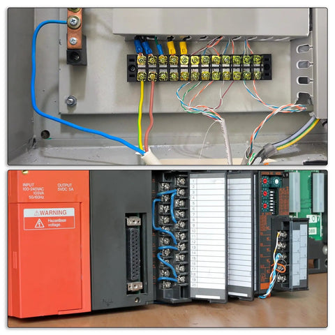 4 Pack 2 Position Terminal Block Strip For 300V 20A Wiring 9.5 Millimeter Pitch Dual Row 2 Circuits DIN Rail Screw Terminals For Neat Slick Wire Distribution And Easy Branch Disconnection. wired in control panel