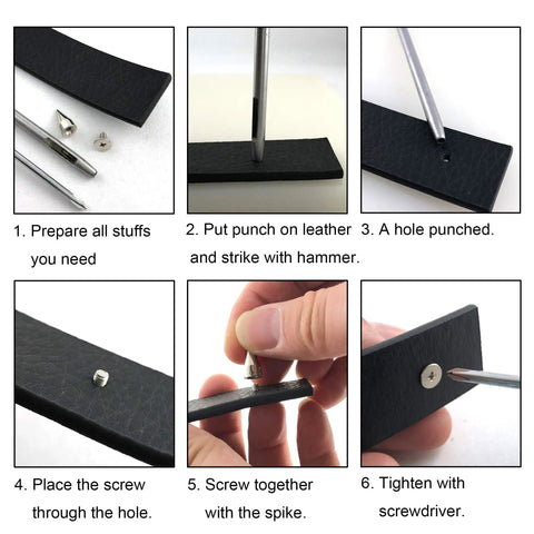 Step-by-step guide on using Top Shelf 70 Piece Gold Screwback Spike Studs Set Zinc Alloy Assorted Shapes for leather work.