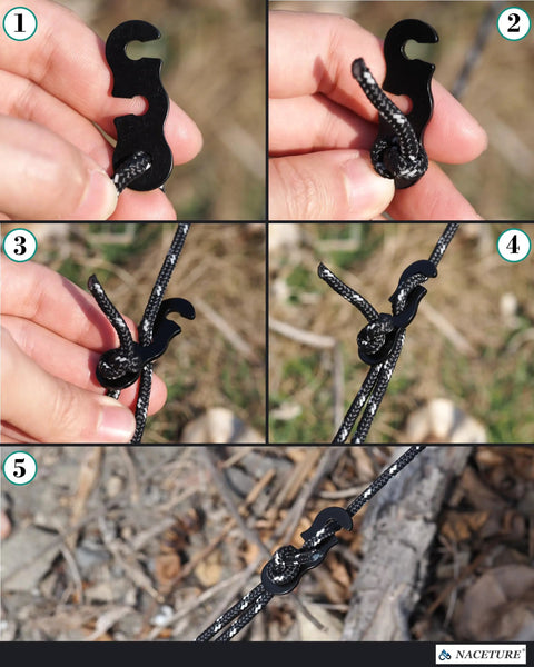 Aluminum Alloy Rope Tensioner For Camping Tent Guy Lines Cord Adjuster Ultralight Gear For Hiking And Backpacking Durable And Easy Setup Black 20 Pack in use.