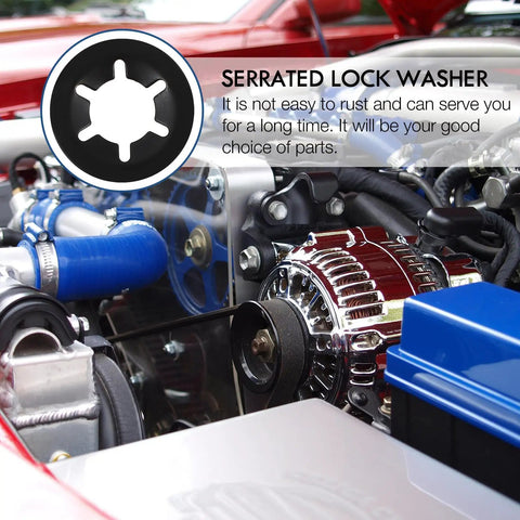 Close-up of Industrial Grade Stainless Steel Internal Tooth Serrated Lock Washers Kit 280 Pcs in engine assembly