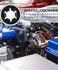 Serrated lock washer highlight over car engine, part of 280 Pc Internal Tooth Lock Washers Set With Serrated Push On Locking Washers For Industrial And Mechanical Use Heavy Duty Manganese Steel And Stainless Rust Resistant Fasteners Kit.