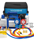 Front view: VIVOHOME vacuum pump and manifold gauge kit, blue 110V, 1/3 HP with hoses, gauges, oil bottle, carrying bag