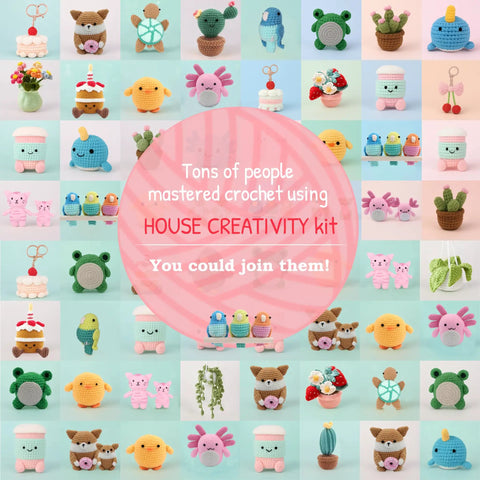 Collage of amigurumi crochet toys displayed with a central text about mastering crochet using HOUSE CREATIVITY kit.